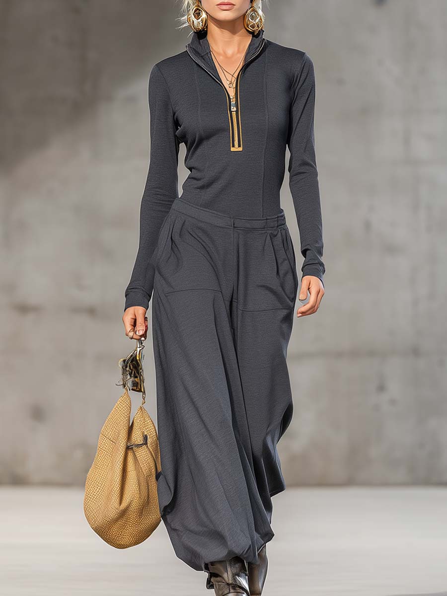Relaxed Retro Sports Dark Gray Half-high Collar Front Zipper Long-sleeved Top And Wide Trousers Set