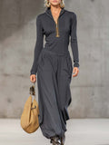 Relaxed Retro Sports Dark Gray Half-high Collar Front Zipper Long-sleeved Top And Wide Trousers Set