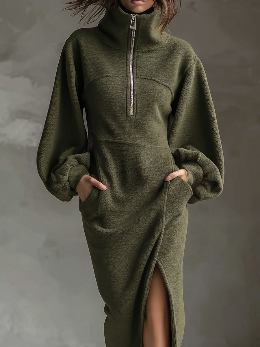 Soft Polar Fleece Lantern Sleeves Front Zipper Side Slit Midi-Length Dress