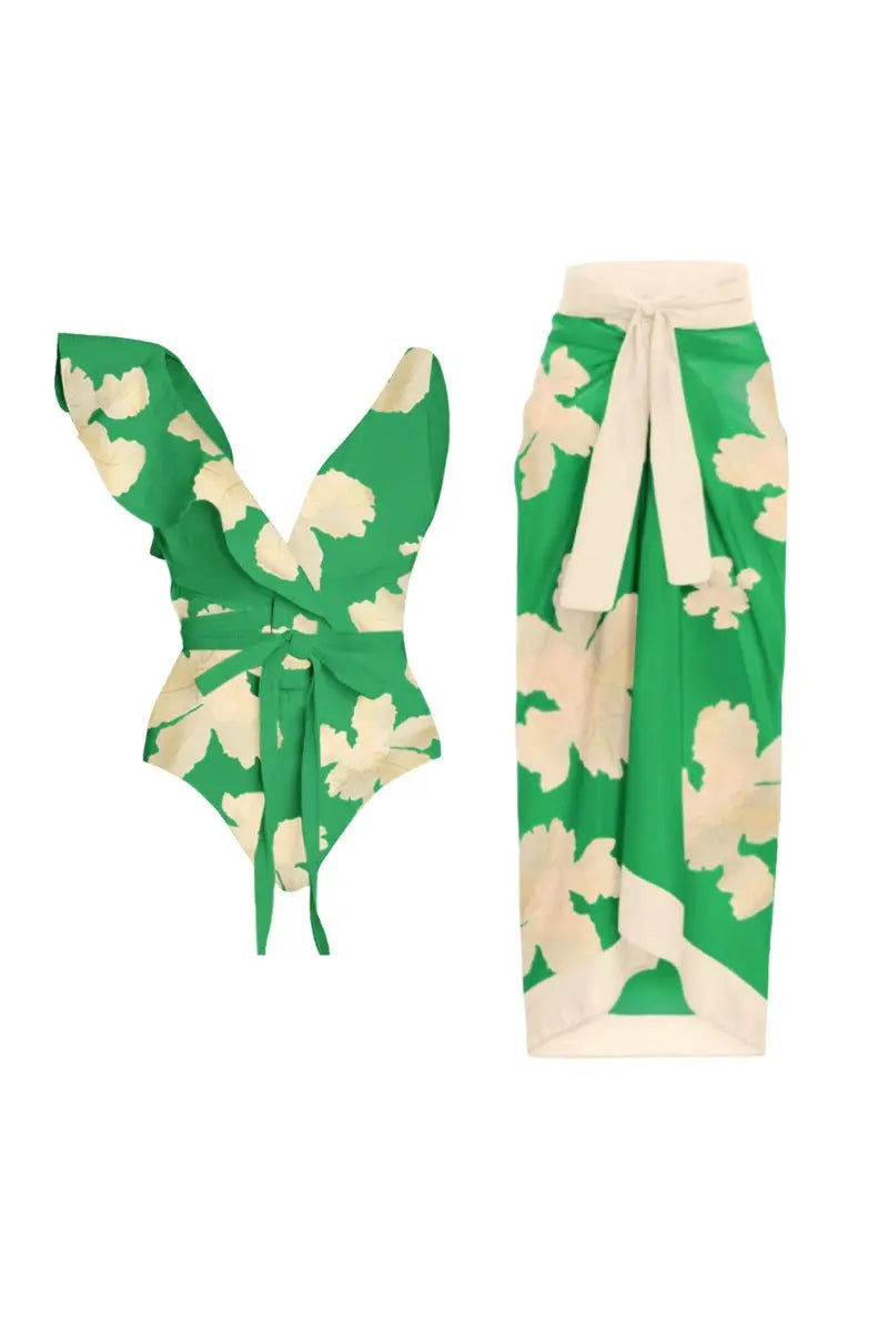 Belted Patterned Swimsuits with Wrap Skirt Set