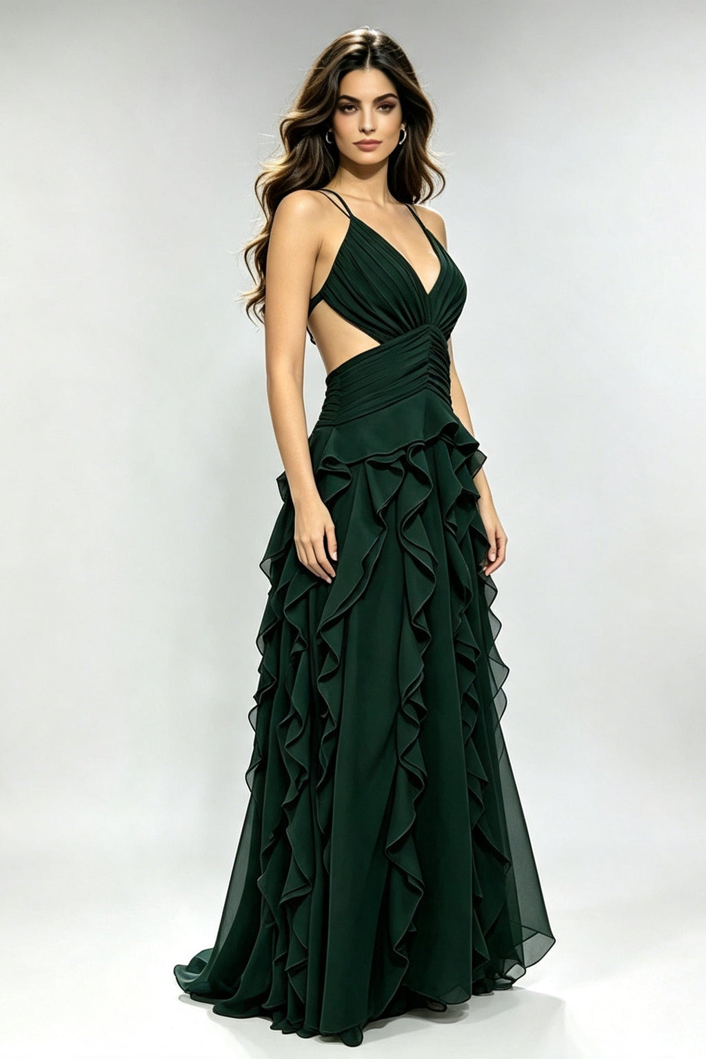 Deep V Cross Tie Open-Back Multi Ruffled Maxi-Length Dress