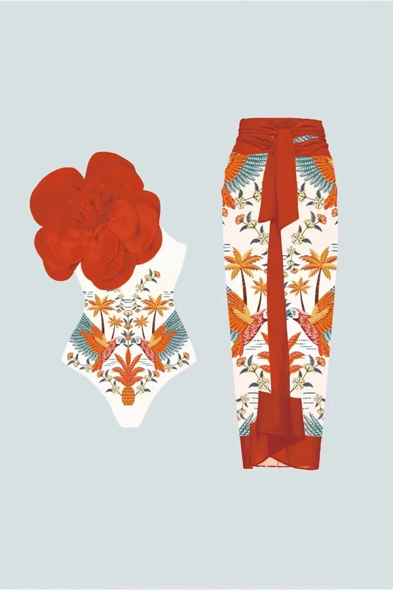 Flower Print One-Piece with 3D Flower Detail