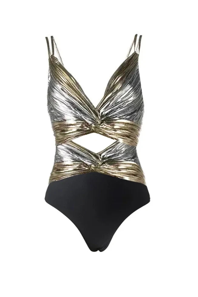 Cut-Out Silver Patchwork One-Piece with Skirt
