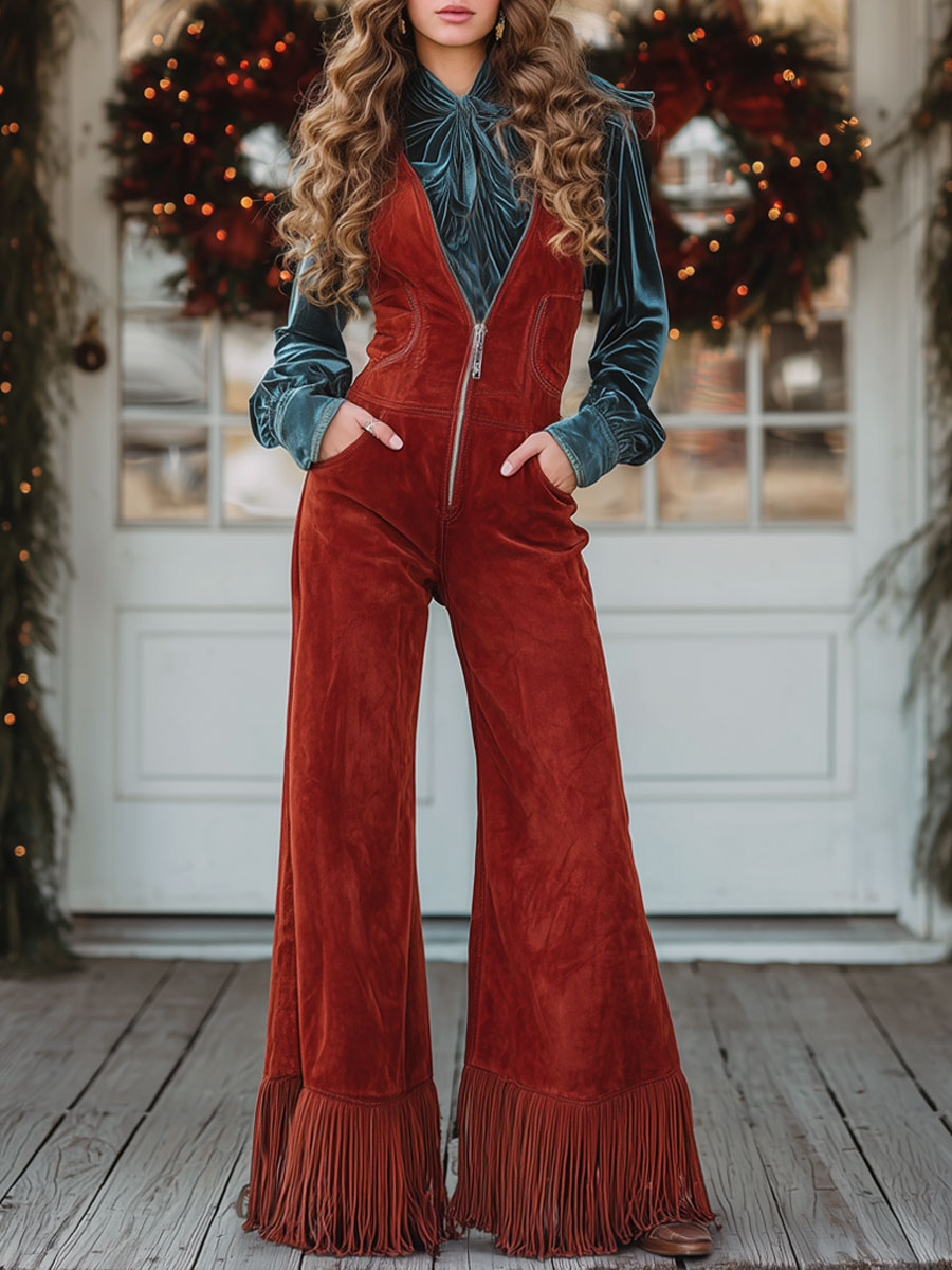 Modern Western Retro V-Neck Zipper Red Faux Suede Wide-leg Tassel Overalls