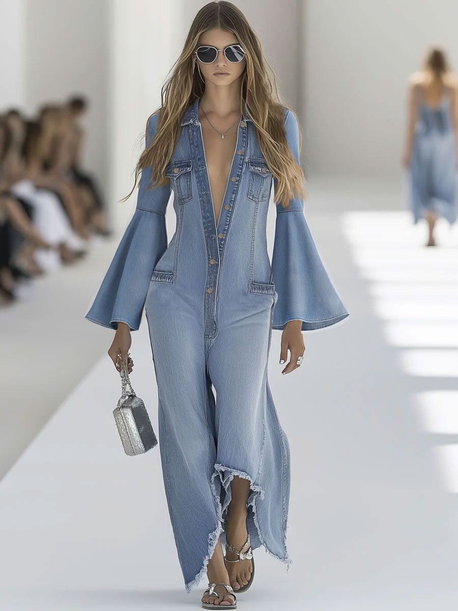 Relaxed Retro Light Blue Denim Flared Long-Sleeved Wide-Leg Raw Edge Jumpsuit
