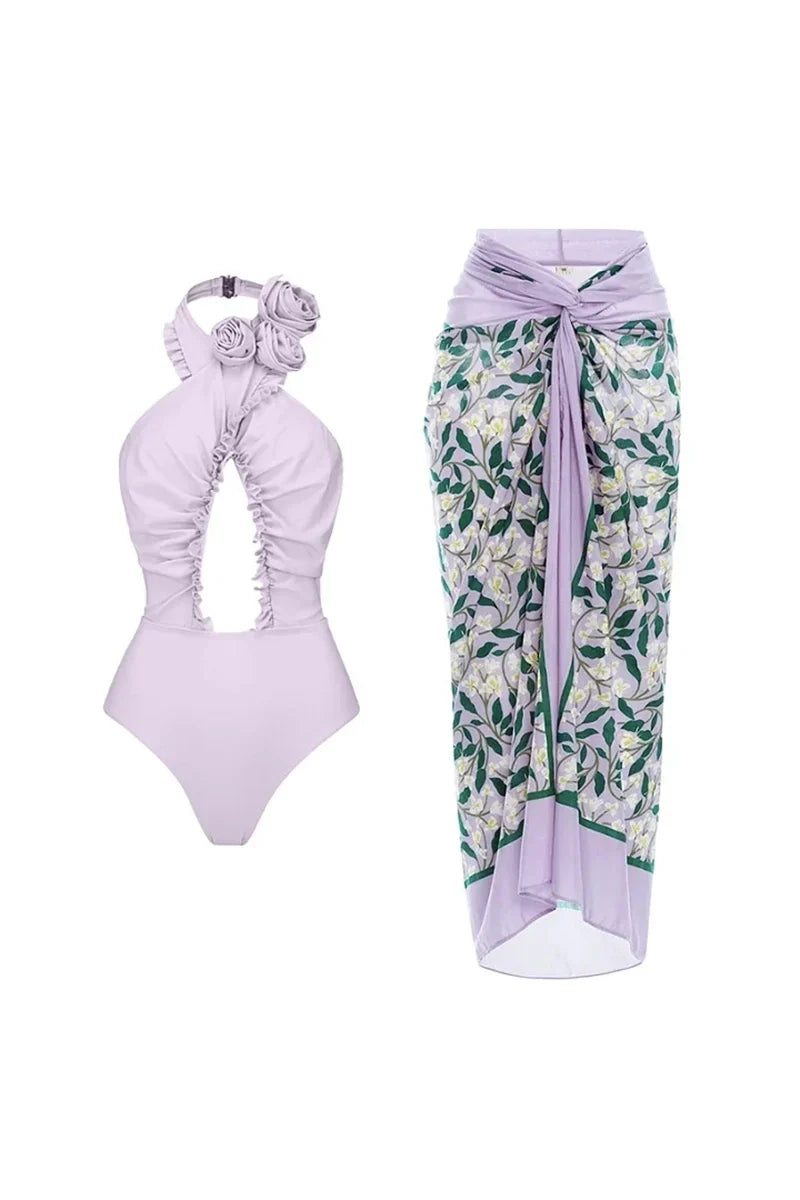 3D Flower Halter Open-Back Swimwear Set