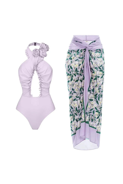 3D Flower Halter Open-Back Swimwear Set