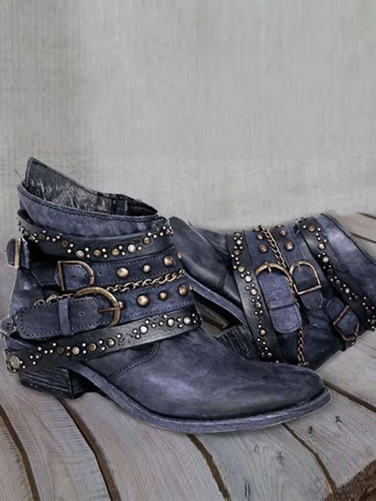Retro Washed Studded Buckles Ankle Boots