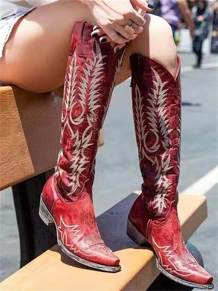 Retro Western Cowboy Embroidered Knee-High Boots
