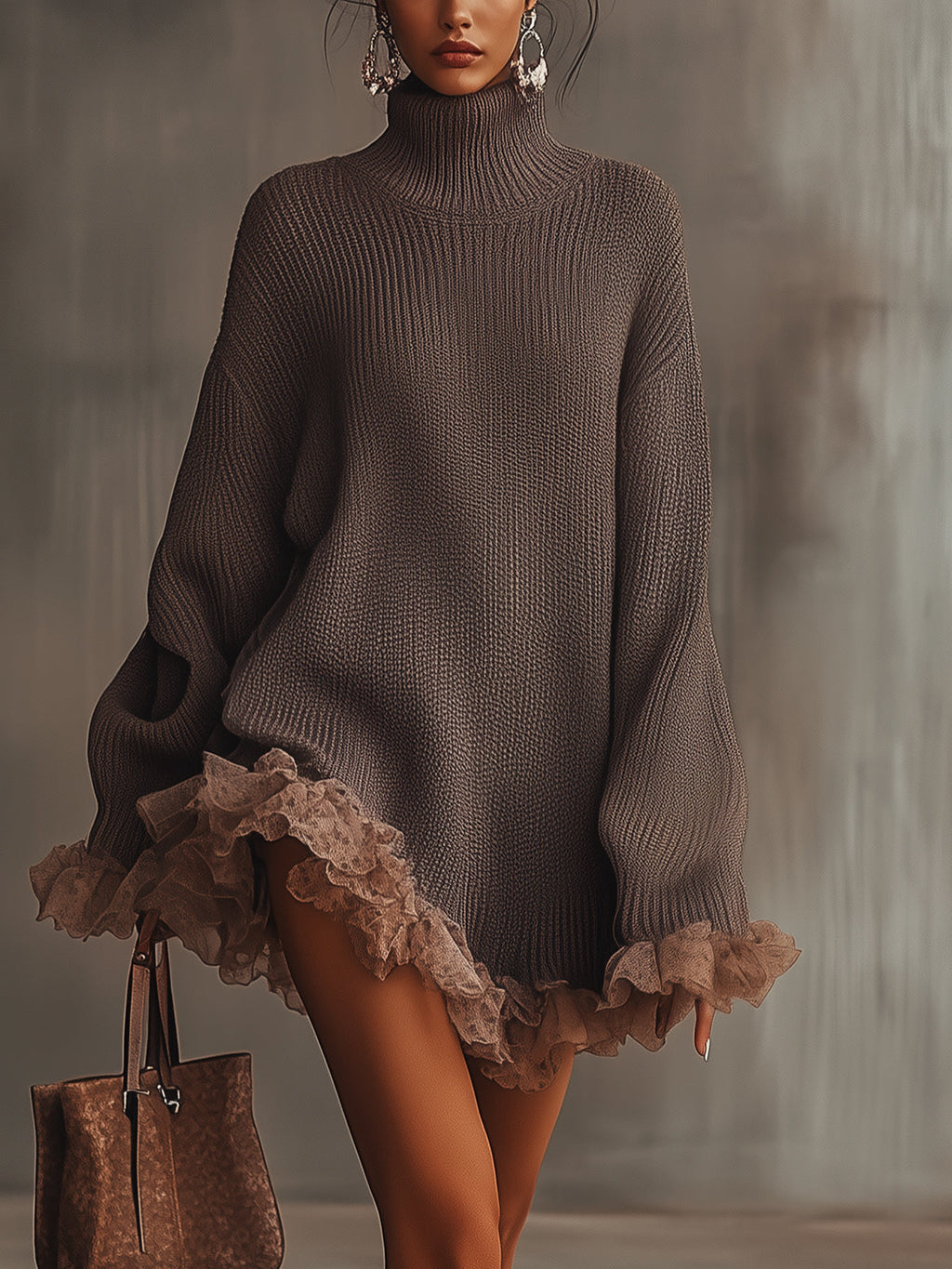 Brown Ruffled Hem Turtleneck Knit Sweater Dress