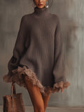 Brown Ruffled Hem Turtleneck Knit Sweater Dress