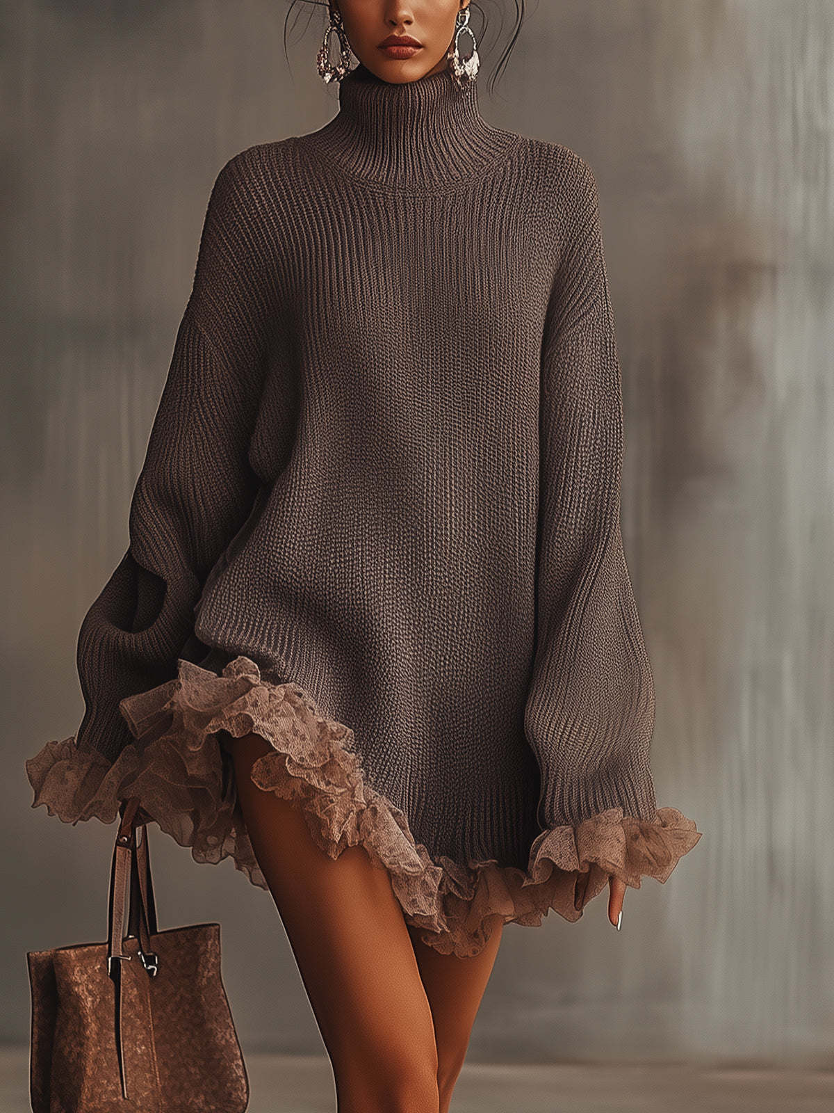 Brown Ruffled Hem Turtleneck Knit Sweater Dress