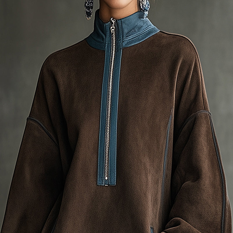 Women's Autumn And Winter Western Retro Suede Fabric Loose Relaxed Stand Collar Zipper Decoration Dress