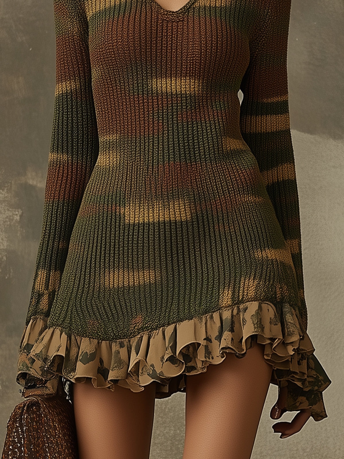 Green Tones Camouflage Knit Mini-Length Dress