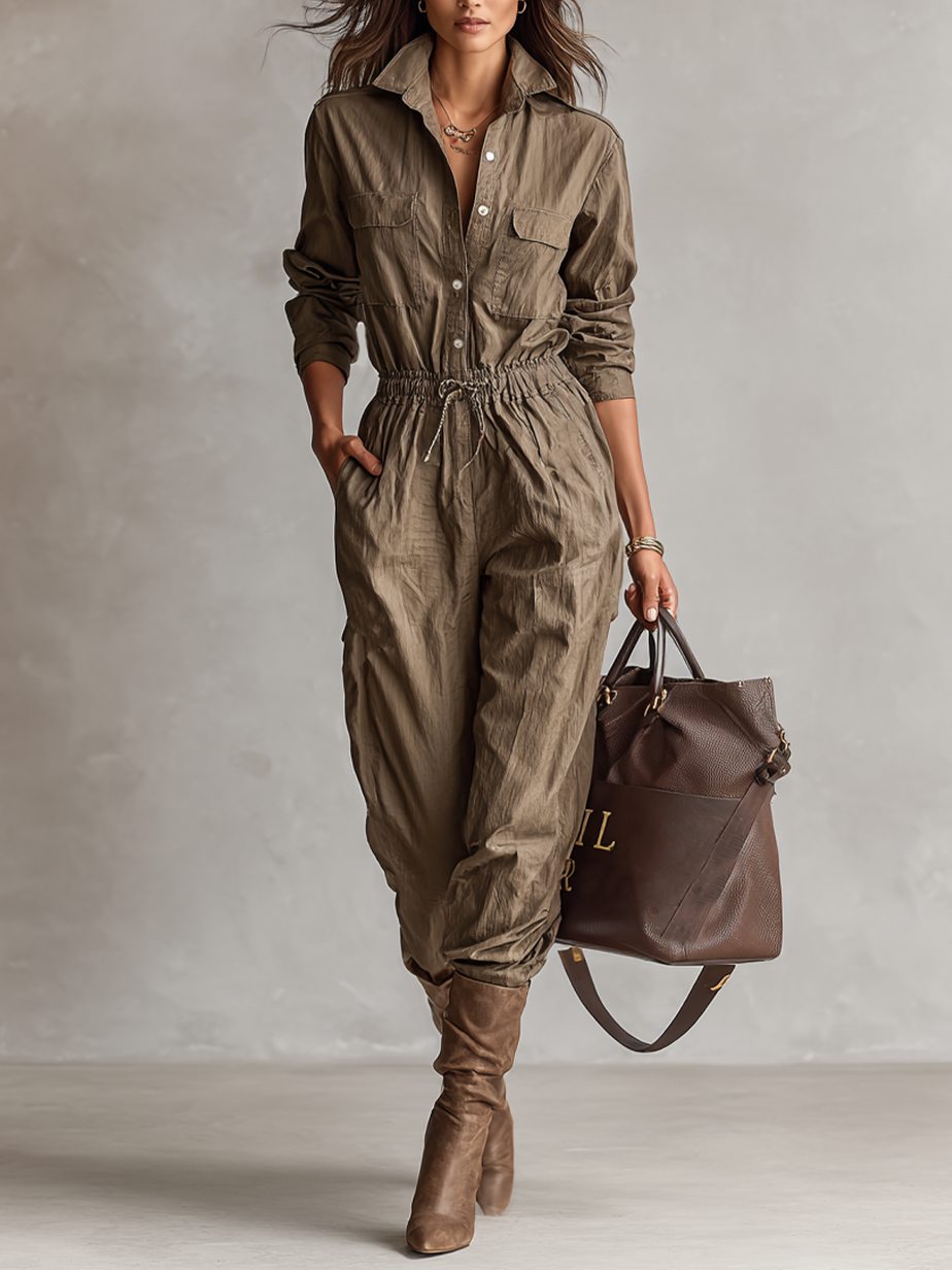 Women's Relaxed Shirt Collar Button Drawstring Jumpsuit