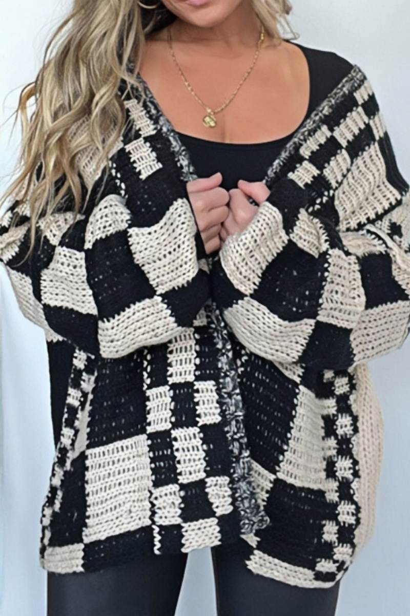 Plaid Open Front Long Sleeve Knit Cardigan