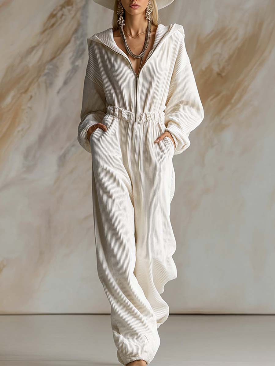 Relaxed Loose Fashionable White Corduroy Hooded Front Zipper Long Sleeve Jumpsuit