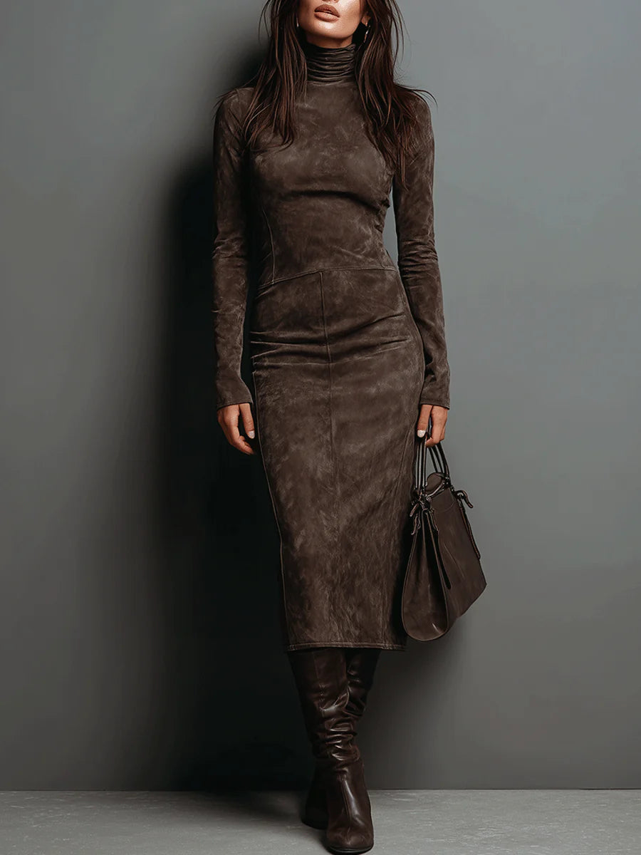 High Neck Long Sleeve Suede Midi-Length Dress