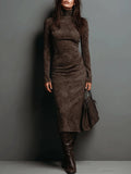 High Neck Long Sleeve Suede Midi-Length Dress