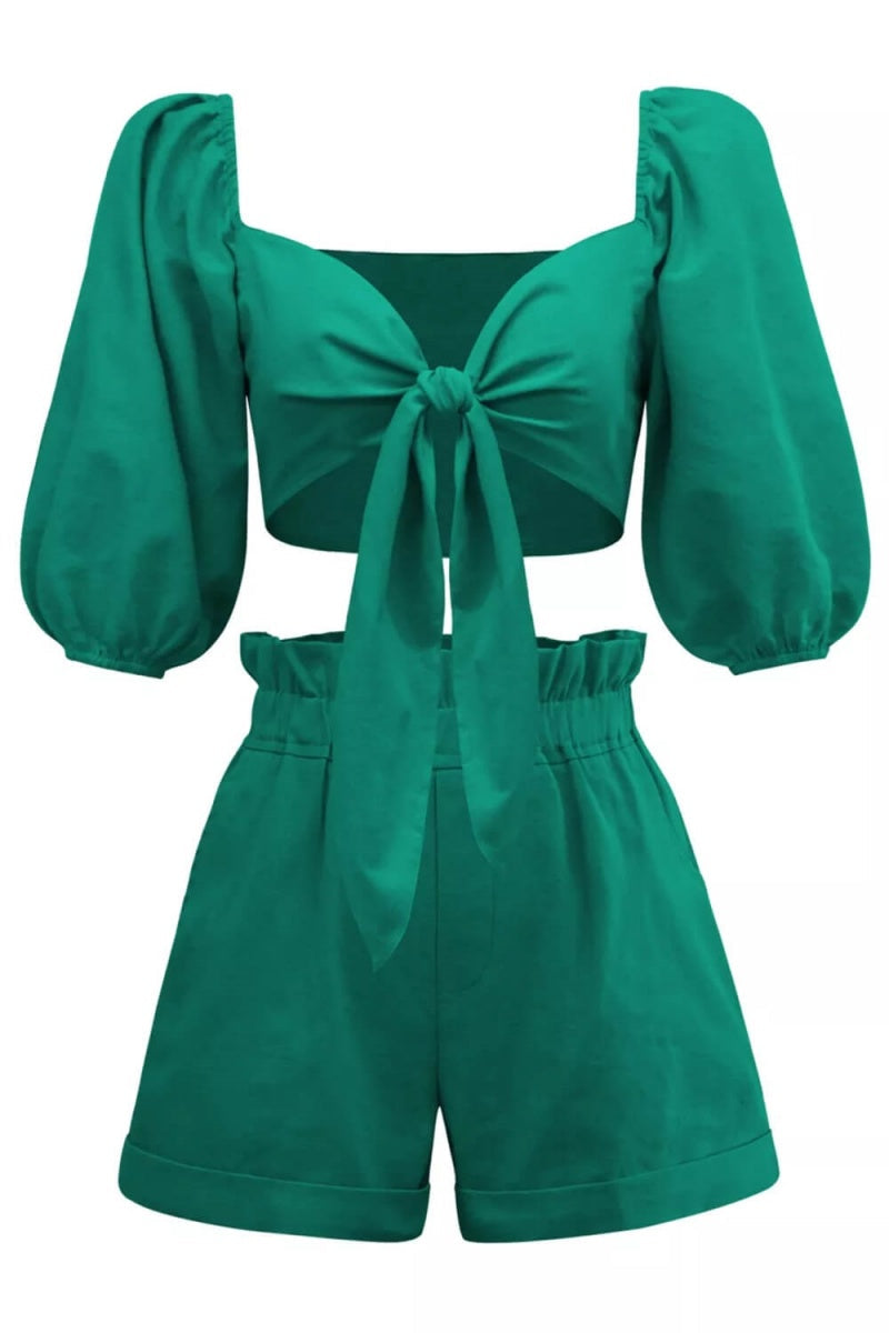 Modern Linen Wrap Front Tie Puff Sleeve Shorts Sets In Green