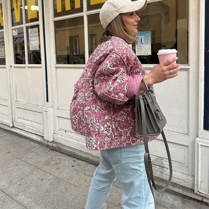 Quilted Jacket with Fitted Cut, Floral Print and Button Closure