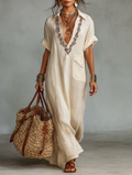 Clean-Lined Linen Blend Embroidered Short-sleeved Shirt Maxi-Length Dress