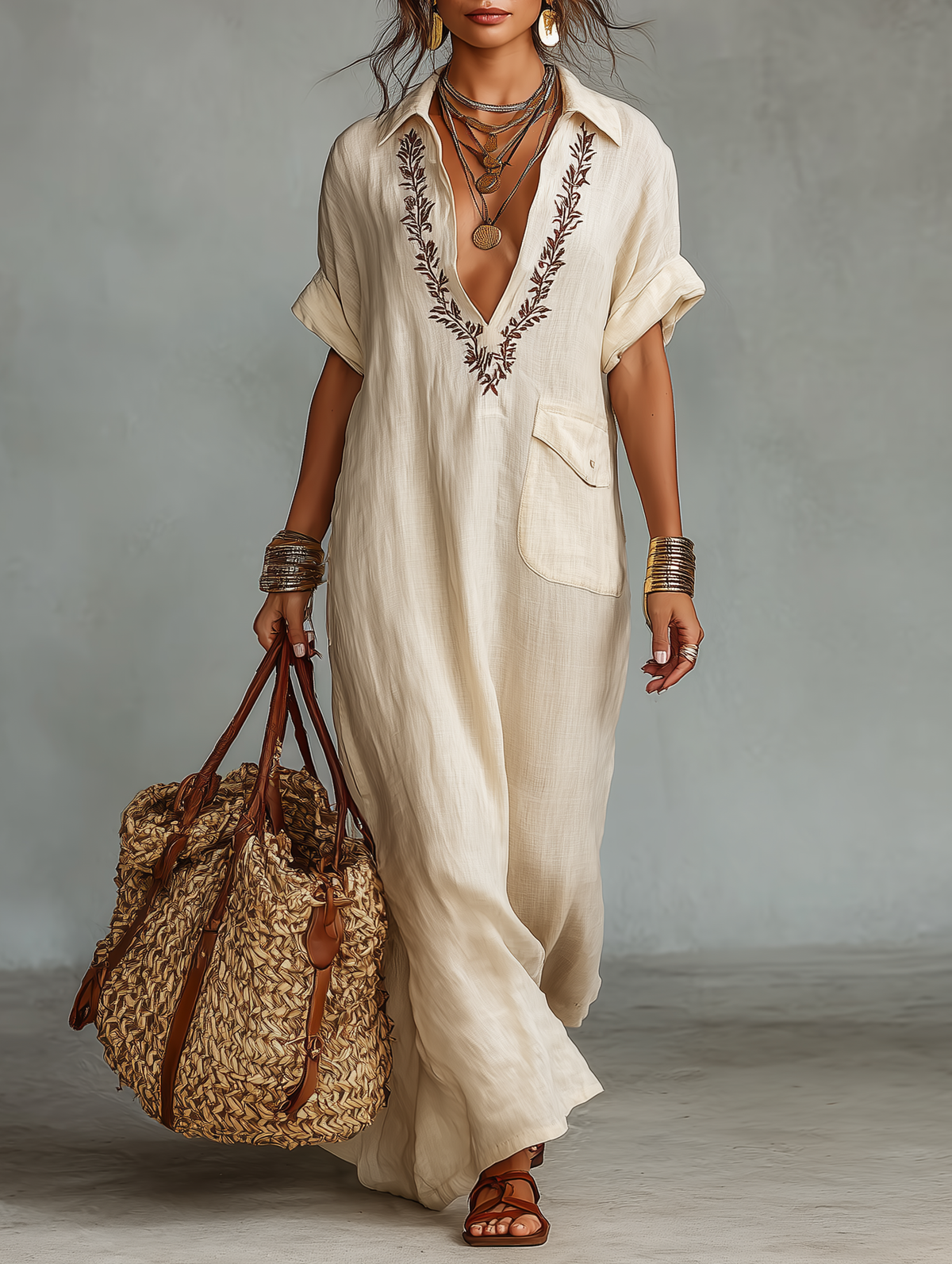 Clean-Lined Linen Blend Embroidered Short-sleeved Shirt Maxi-Length Dress