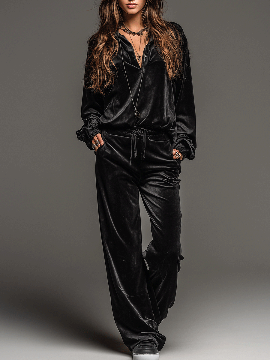 Timeless Relaxed Black Velvet Shirt And Wide-Leg Trousers Set