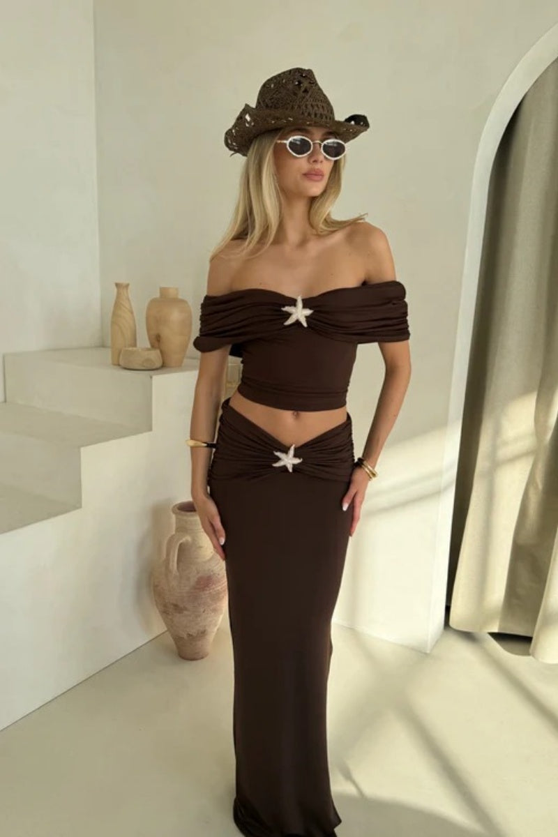 Off-Shoulder Ruched Slit Tube Maxi Skirt Set