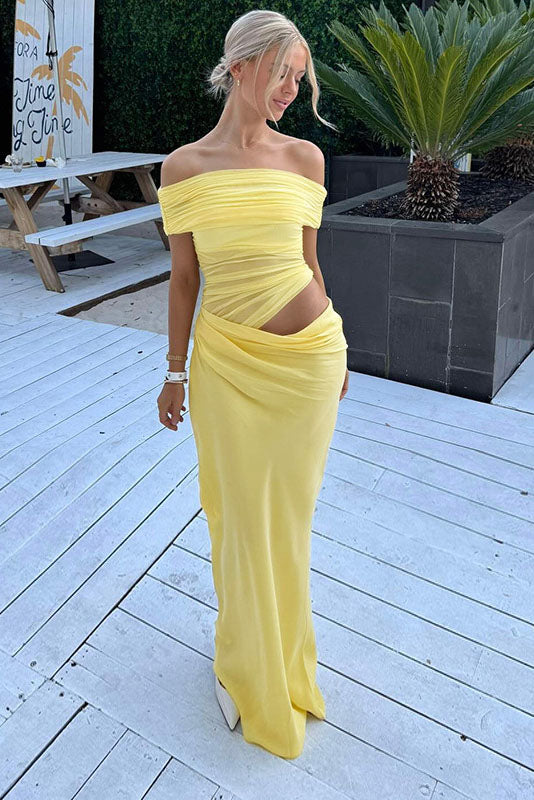 Sheer Mesh Off-Shoulder Maxi-Length Dress