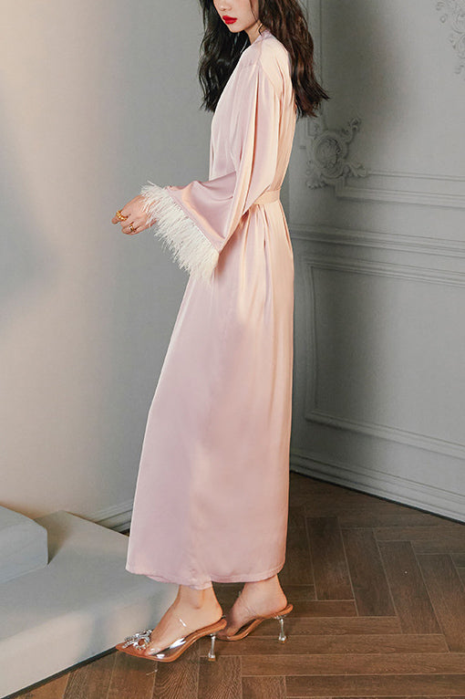Modern Feather Satin Kimono Robe