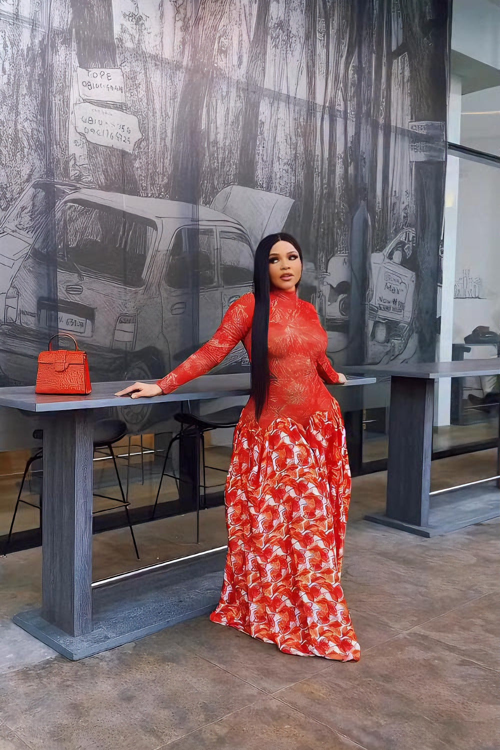 Vibrant Red Sheer Flower Maxi-Length Dress
