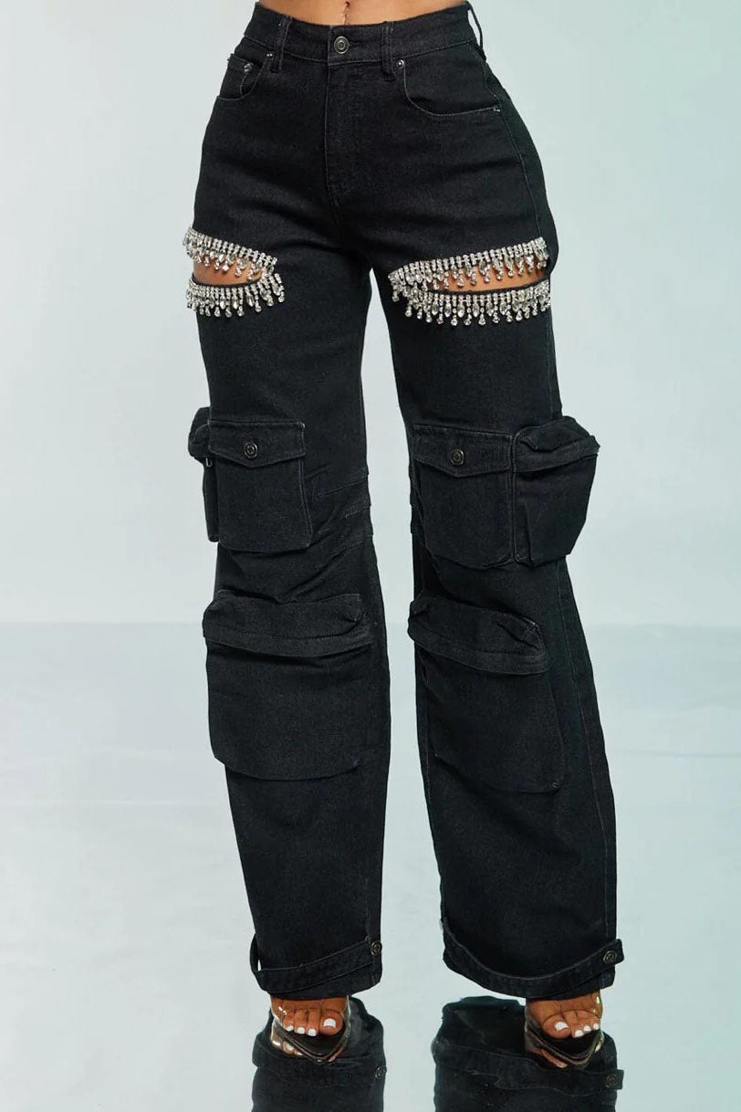 Cut Out Crystal-Detail Cargo Jeans