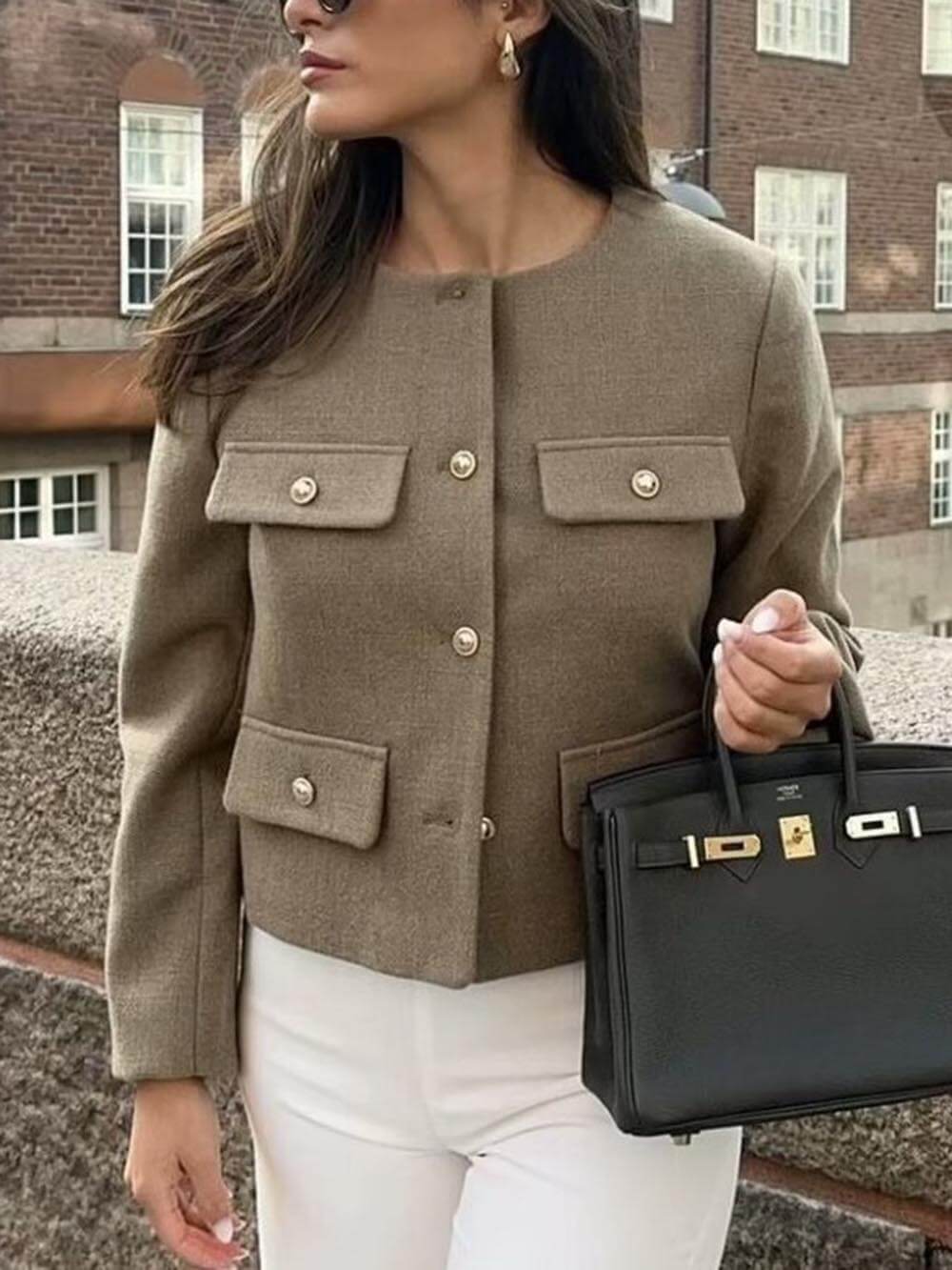 Cropped Suit Jacket with Decorative Buttons