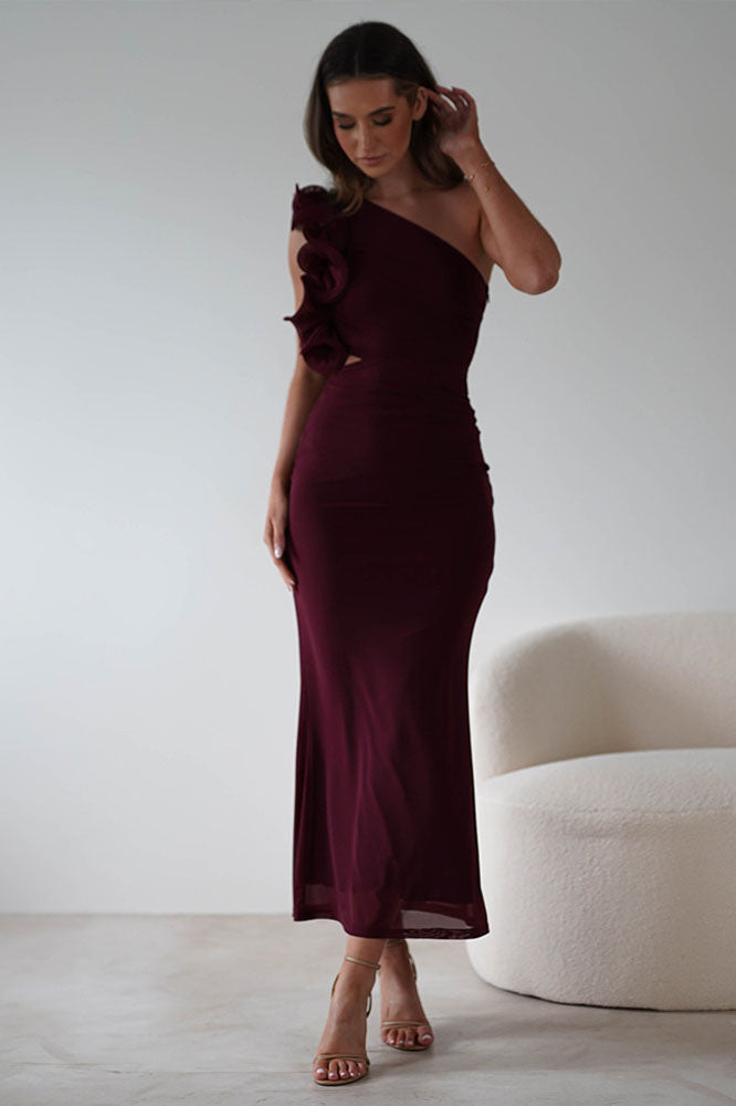 Statement Flower One-Shoulder Fitted Midi-Length Dress