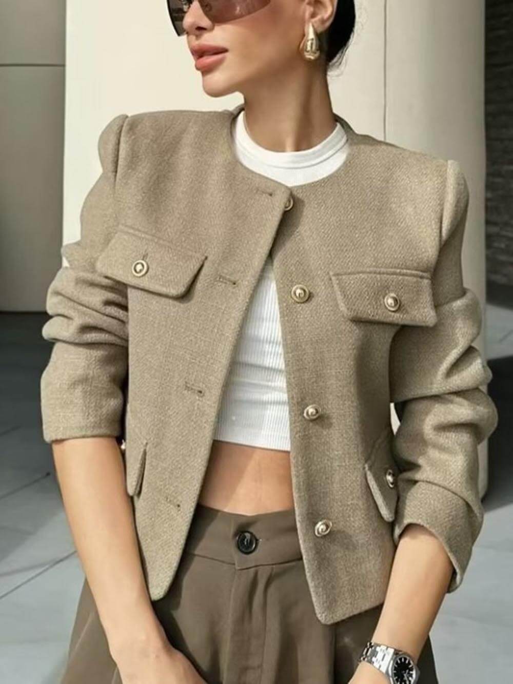 Cropped Suit Jacket with Decorative Buttons