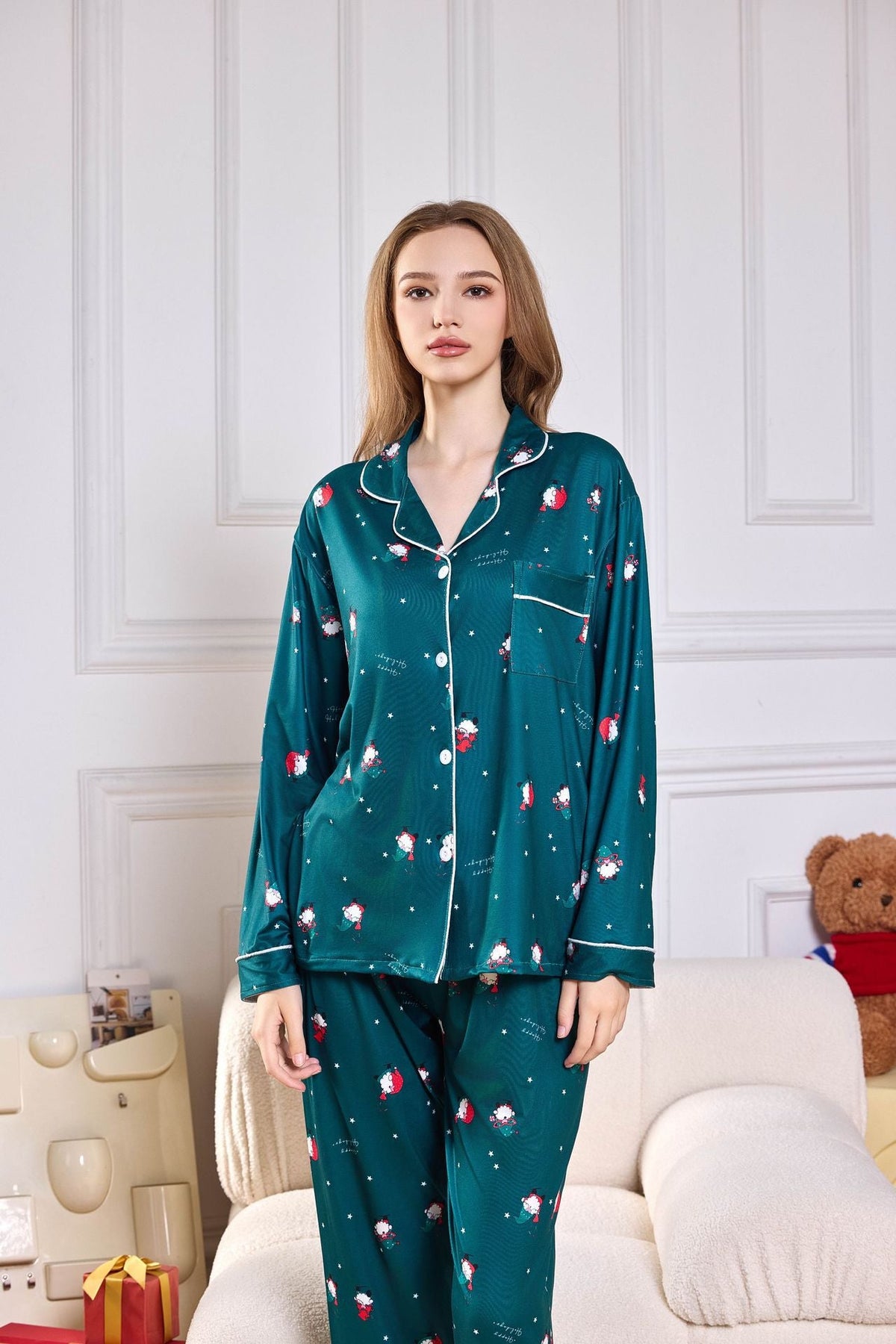 Coordinated Pink Candy Cane Print Satin Long PJ Set