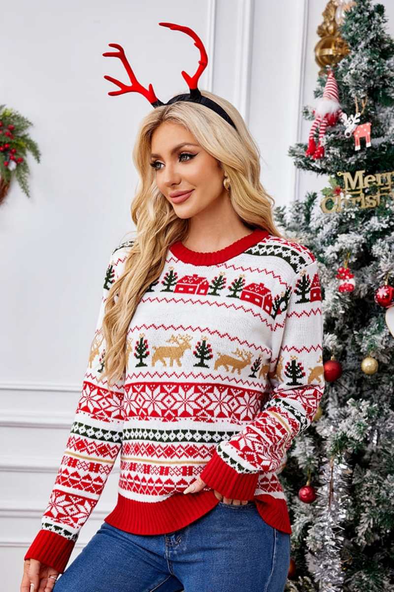 Christmas Crew Neck Embroidered Knit Sweater