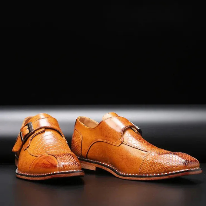 Full-Grain Leather Monk Strap Shoes with Embossed Texture