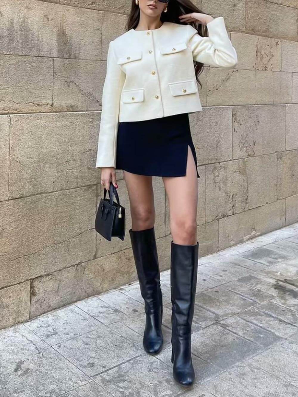 Cropped Suit Jacket with Decorative Buttons