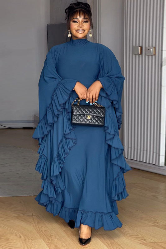 Batwing Sleeve Ruffled Trim Maxi-Length Dress