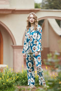 Blue Flower Pattern Long Sleeve Loungewear Set