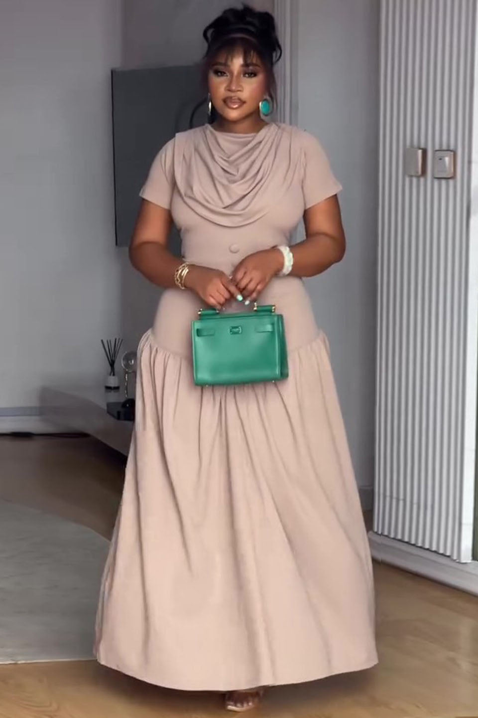 Cowl Neck Button Placket Nude Maxi-Length Dress