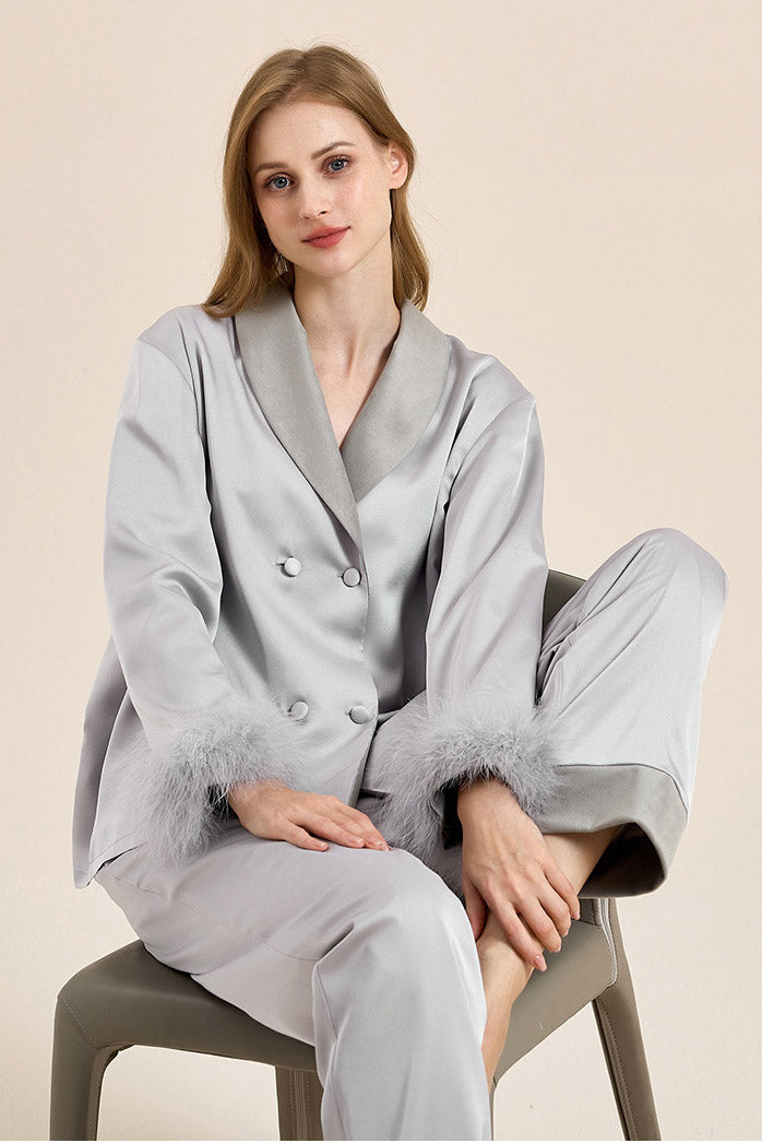 Coordinated Feather Trim Red Pyjamas Set