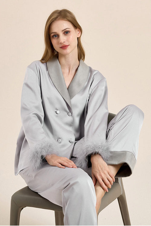 Coordinated Feather Trim Red Pyjamas Set