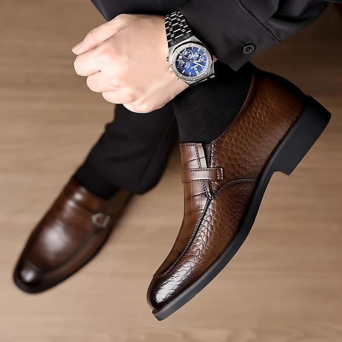 Polished Leather Monk Strap Shoes with Croc-Embossed Texture