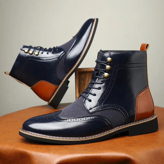 Leather Brogue Boots with Wingtip Brogue Detail