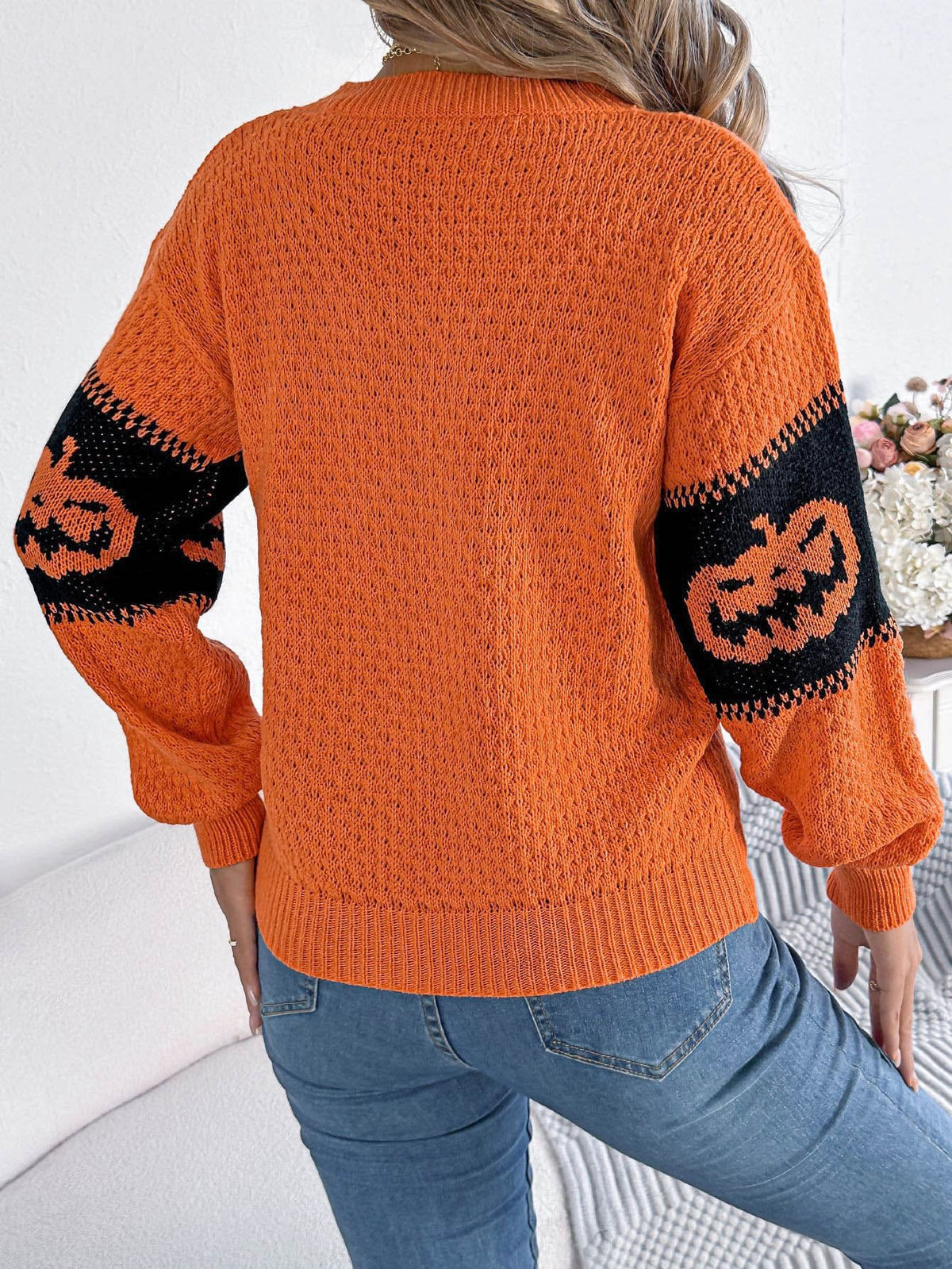 Modern Halloween Pumpkin Head Color-Block Crew Neck Knit Sweater