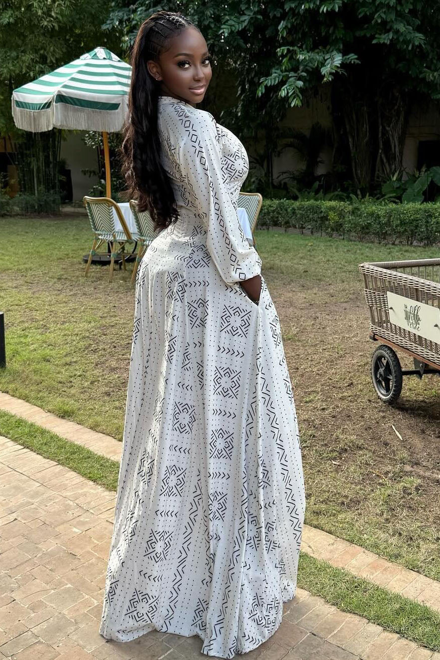 Modern White Geo Print Long Sleeve Gown