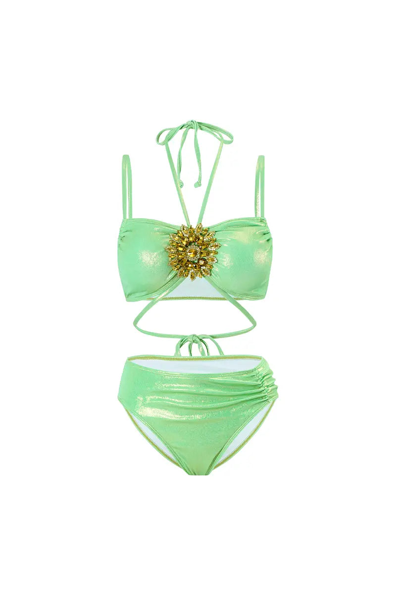 Mint Green Crystal-Detail Halter Two-Piece Bikini